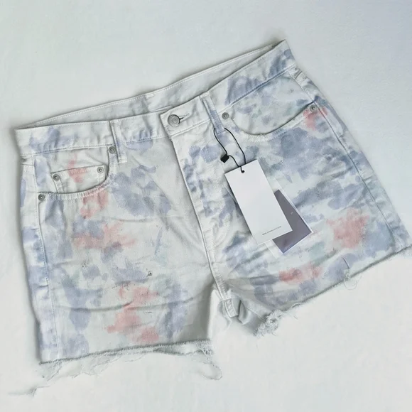 John Elliott Denim Shorts Tie Dye 5-Pocket Fray Hem White Purple Push Pop 29 NWT - Picture 1 of 14